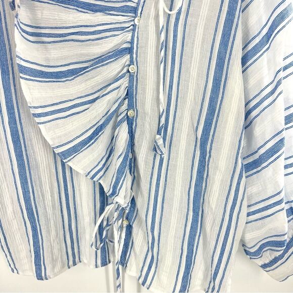 Antik Batik Serifos Ruffled Blue Striped Cotton Gauze Blouse Size L/42 - Picture 4 of 14